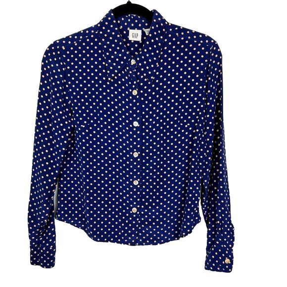 Gap 100% Silk Button Down Top Blouse Navy Blue White Polka Dot Print Women's S - Picture 1 of 8